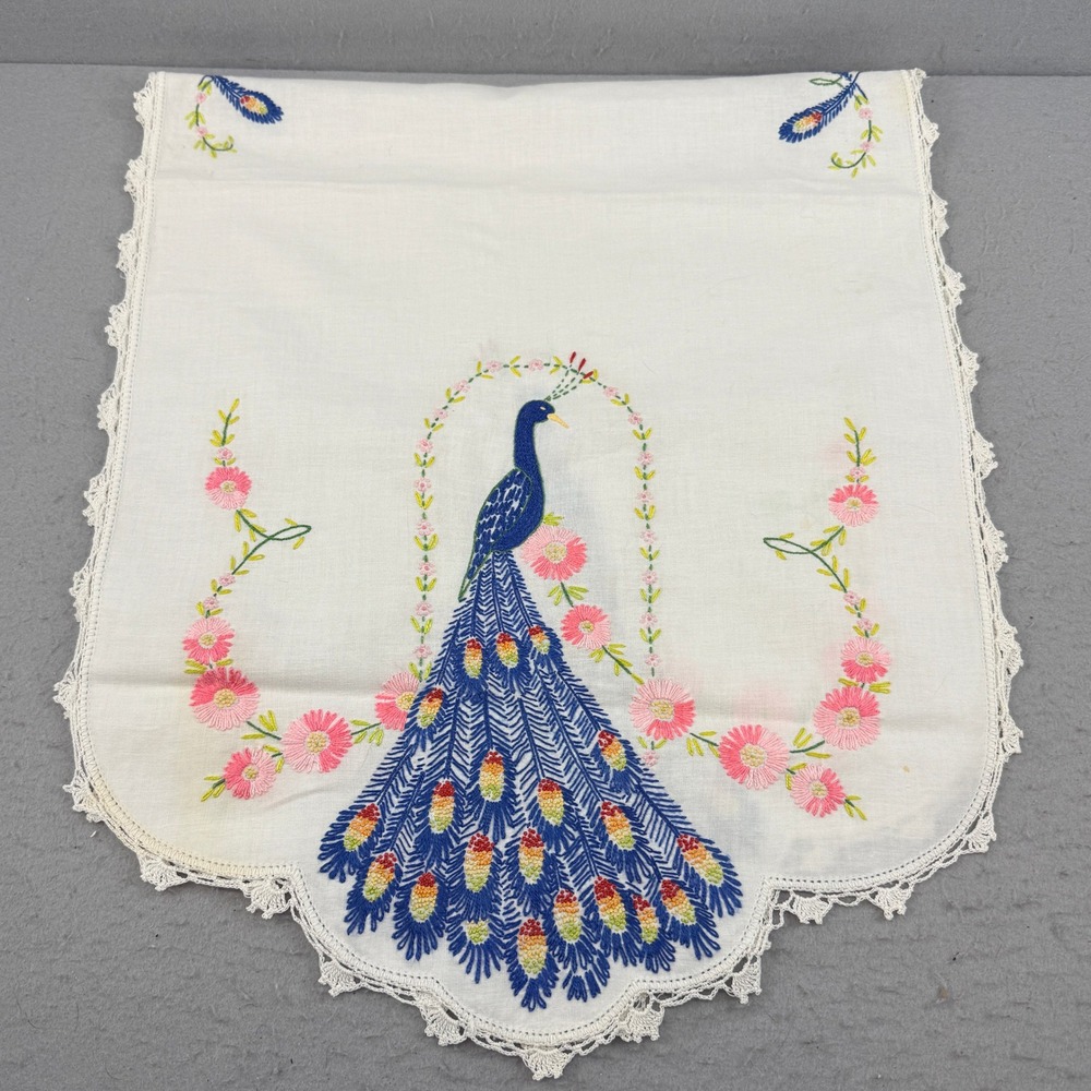 Vintage Hand Embroidered Peacock Table Runner White Lace Trim Floral 41x17